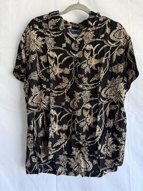 ExOfficio Travel Rayon Floral Button-Up Blouse XL Black Beige Boho Lightweight